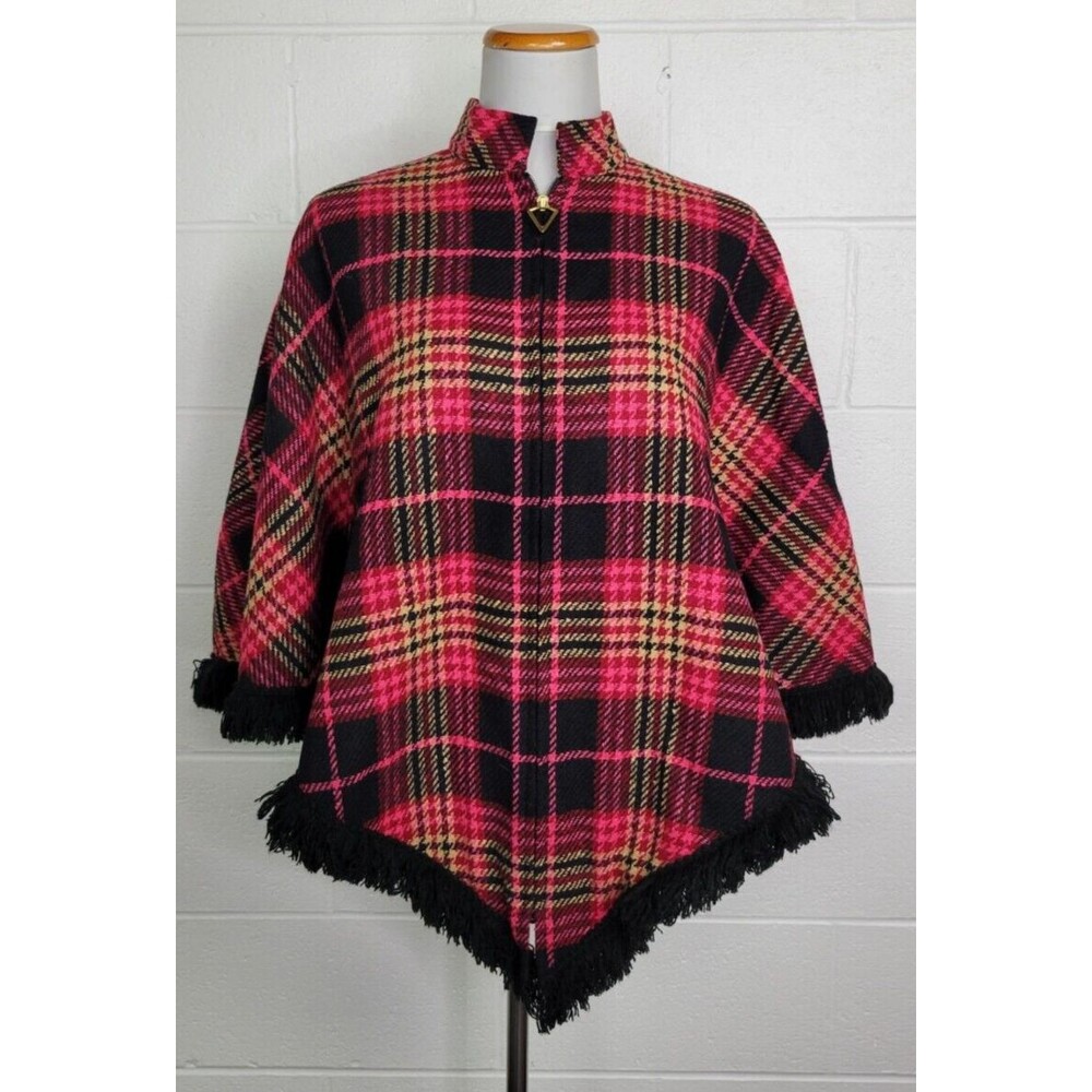 Vintage Dutchmaid Pink‎ Red Plaid Wool Tweed Poncho w. Fringe Jr. Miss 16-18